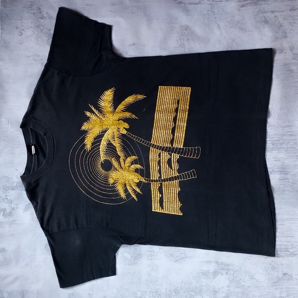 Vintage 90s Diamond Dust tropical Sunset GOLD Graphic Single Stitch T-Shirt - Picture 1 of 6